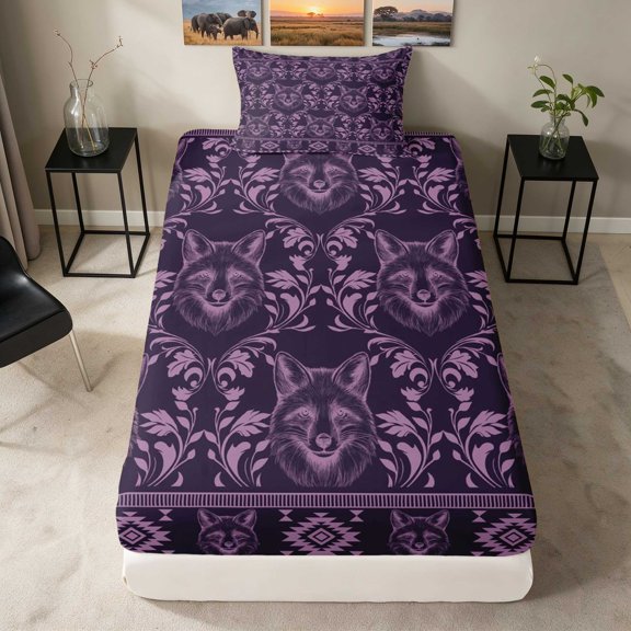 Erosebridal Fox Twin Fitted Sheet, Purple Damask Bedding, 2pcs 1 Fitted Sheet and 1 Pillowcase