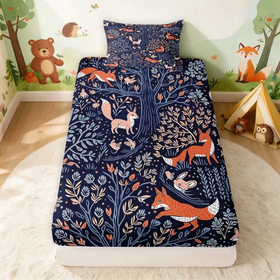 Erosebridal Fox Twin Fitted Sheet for Boys Girls, Blue Woodland Bedding, 2pcs 1 Fitted Sheet and 1 Pillowcase