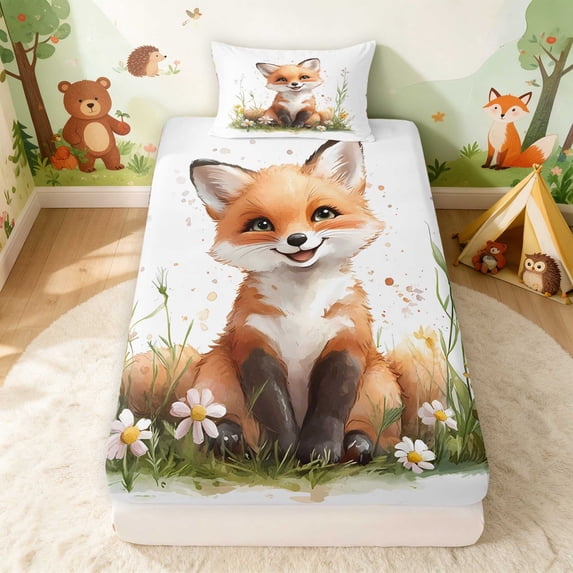 Erosebridal Fox Twin Fitted Sheet for Boys Girls, Daisy Flowers Bedding, 2pcs 1 Fitted Sheet and 1 Pillowcase