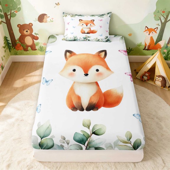 Erosebridal Fox Twin Fitted Sheet for Boys Girls, Eucalyptus Leaves Bedding, 2pcs 1 Fitted Sheet and 1 Pillowcase