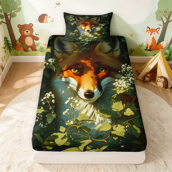 Erosebridal Fox Twin Fitted Sheet for Boys Girls, Green Foliage Bedding, 2pcs 1 Fitted Sheet and 1 Pillowcase