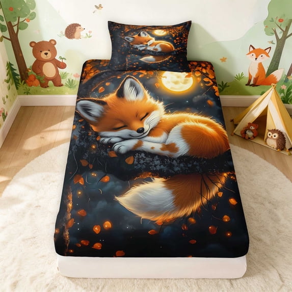 Erosebridal Fox Twin Fitted Sheet for Boys Girls, Moonlit Night Bedding, 2-Piece 1 Fitted Sheet and 1 Pillowcase