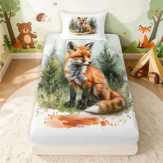 Erosebridal Fox Twin Fitted Sheet for Boys Girls, Pine Forest Bedding, 2-Piece 1 Fitted Sheet and 1 Pillowcase
