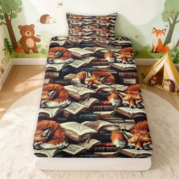 Erosebridal Fox Twin Fitted Sheet for Boys Girls, Vintage Books Bedding, 2-Piece 1 Fitted Sheet and 1 Pillowcase