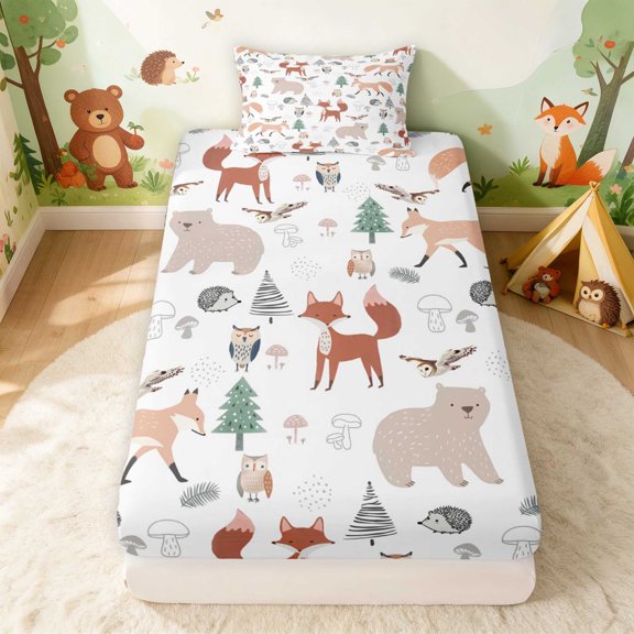 Erosebridal Fox Twin Fitted Sheet for Boys Girls, Woodland Friends Bedding, 2-Piece 1 Fitted Sheet and 1 Pillowcase