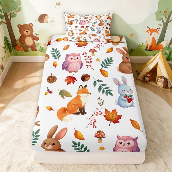 Erosebridal Fox Twin Fitted Sheet for Girls, Autumn Woodland Bedding, 2 Pieces 1 Fitted Sheet and 1 Pillowcase