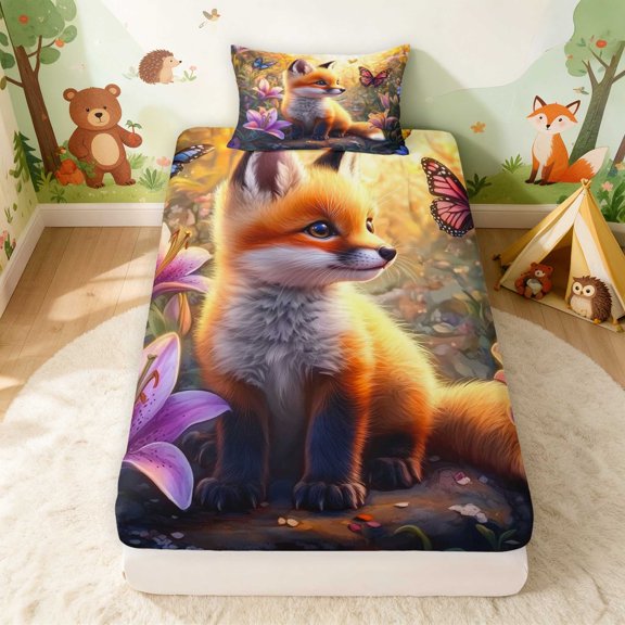 Erosebridal Fox Twin Fitted Sheet for Girls, Lily Flowers Bedding, 2 Pieces 1 Fitted Sheet and 1 Pillowcase