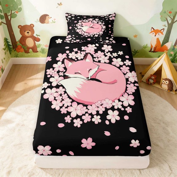 Erosebridal Fox Twin Fitted Sheet for Girls, Sakura Petals Bedding, 2pcs 1 Fitted Sheet and 1 Pillowcase