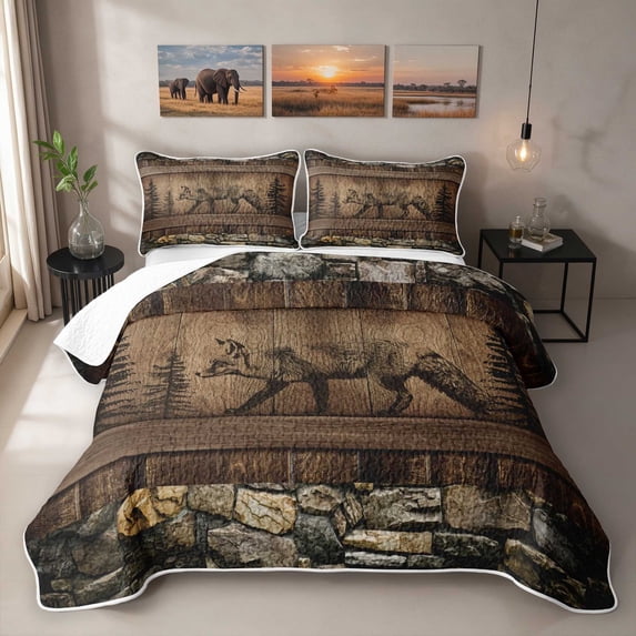 Erosebridal Fox Twin Quilt Set, Rustic Wood Twin Coverlet Set, 2pcs 1 Bedspread and 1 Pillowcase