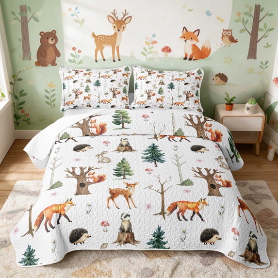 Erosebridal Fox Twin Quilt Set for Boys Girls, Forest Animals Twin Coverlet Set, 2pcs 1 Bedspread and 1 Pillowcase