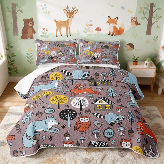Erosebridal Fox Twin Quilt Set for Boys Girls, Woodland Cabins Twin Coverlet Set, 2 Pieces 1 Bedspread and 1 Pillowcase