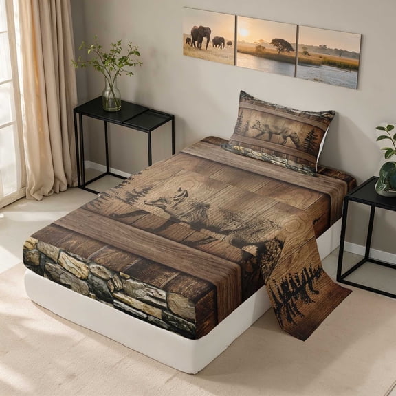 Erosebridal Fox Twin Sheets, Rustic Wood Bedding, 3pcs 1 Flat Sheet 1 Fitted Sheet and 1 Pillowcase