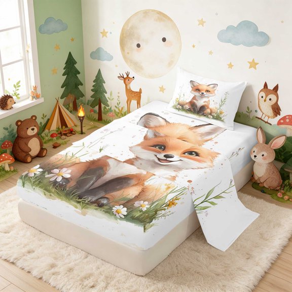 Erosebridal Fox Twin Sheets for Boys Girls, Daisy Flowers Bedding, 3pcs 1 Flat Sheet 1 Fitted Sheet and 1 Pillowcase