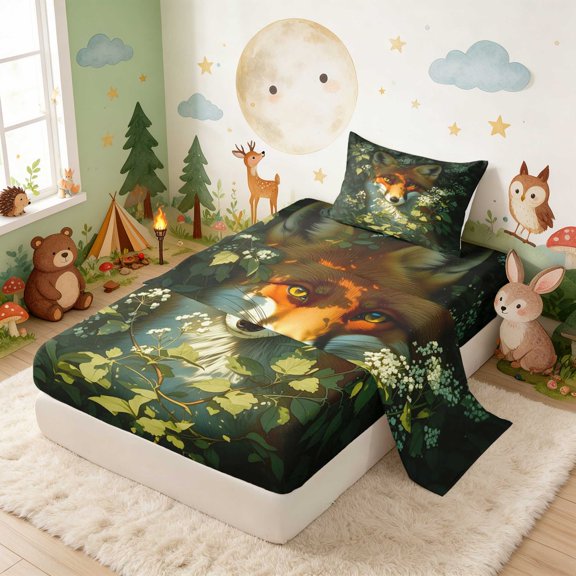 Erosebridal Fox Twin Sheets for Boys Girls, Green Foliage Bedding, 3pcs 1 Flat Sheet 1 Fitted Sheet and 1 Pillowcase
