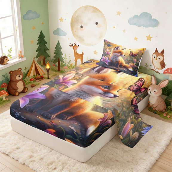Erosebridal Fox Twin Sheets for Girls, Lily Flowers Bedding, 3 Pieces 1 Flat Sheet 1 Fitted Sheet and 1 Pillowcase