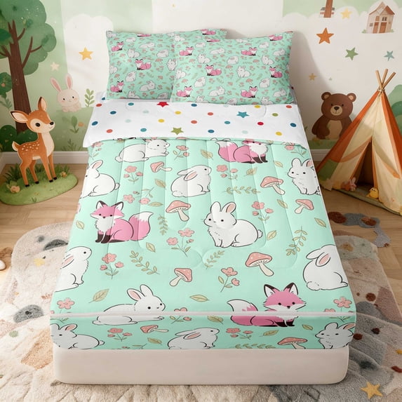 Erosebridal Fox Zipper Queen Comforter Set with Fitted Sheet and 2 Pillowcases for Girls, Green Bunnies Zipper Bedding Set, Polka Dots Reversible