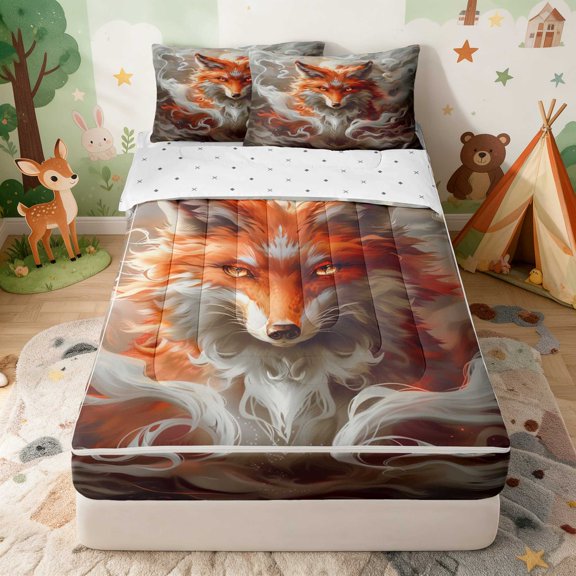 Erosebridal Fox Zipper Queen Comforter Set with Fitted Sheet and 2 Pillowcases for Girls, Mystical Smoke Zipper Bedding Set, Reversible