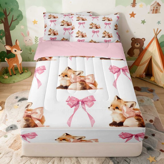 Erosebridal Fox Zipper Queen Comforter Set with Fitted Sheet and 2 Pillowcases for Girls, Pink Bows Zipper Bedding Set, Pink Reversible