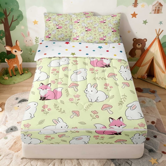 Erosebridal Fox Zipper Queen Comforter Set with Fitted Sheet and 2 Pillowcases for Girls, Yellow Bunnies Zipper Bedding Set, Polka Dots Reversible