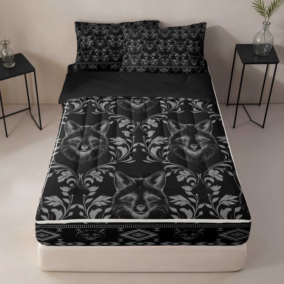 Erosebridal Fox Zipper Twin Comforter Sets with Fitted Sheet and 2 Pillowcases, Black Damask Zipper Bedding Set, Black Reversible