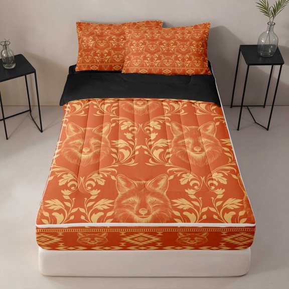 Erosebridal Fox Zipper Twin Comforter Sets with Fitted Sheet and 2 Pillowcases, Jacquard Tribal Zipper Bedding Set, Black Reversible