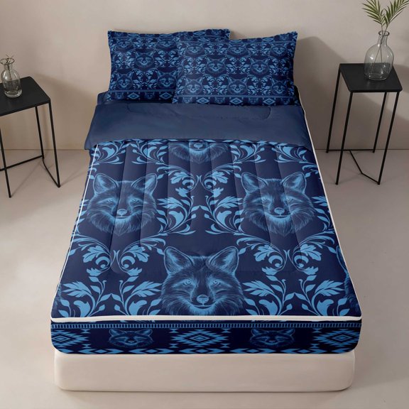 Erosebridal Fox Zipper Twin Comforter Sets with Fitted Sheet and 2 Pillowcases, Navy Damask Zipper Bedding Set, Black Reversible
