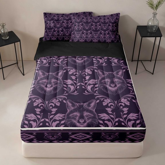 Erosebridal Fox Zipper Twin Comforter Sets with Fitted Sheet and 2 Pillowcases, Purple Damask Zipper Bedding Set, Black Reversible