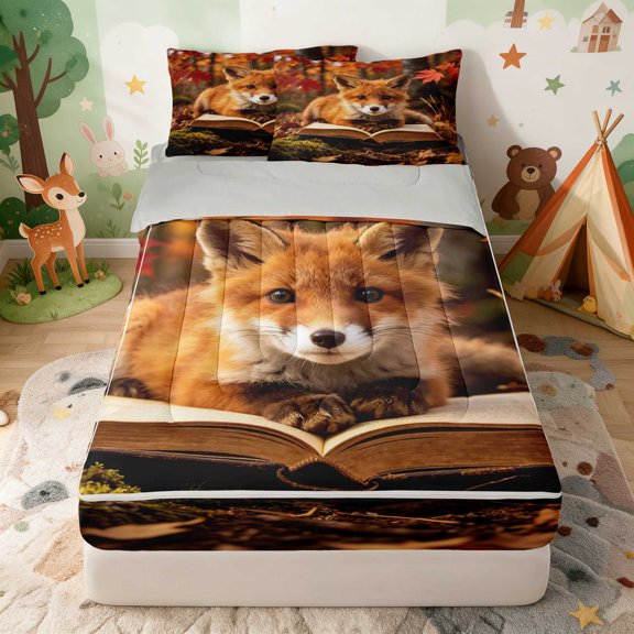 Erosebridal Fox Zipper Twin Comforter Sets with Fitted Sheet and 2 Pillowcases for Boys Girls, Autumn Book Zipper Bedding Set, Gray Reversible
