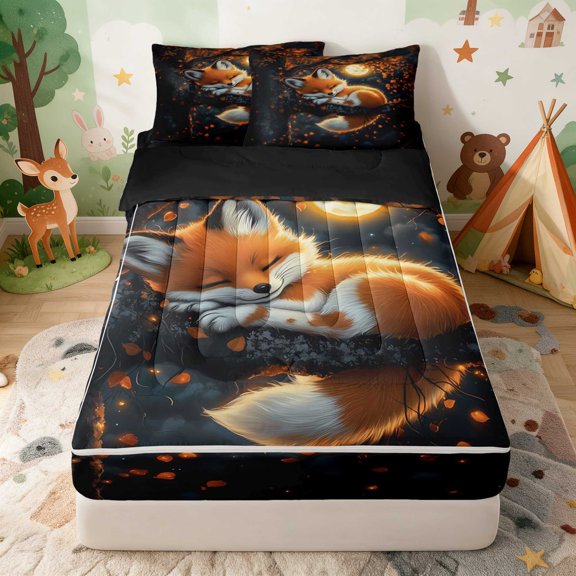Erosebridal Fox Zipper Twin Comforter Sets with Fitted Sheet and 2 Pillowcases for Boys Girls, Moonlit Night Zipper Bedding Set, Black Reversible