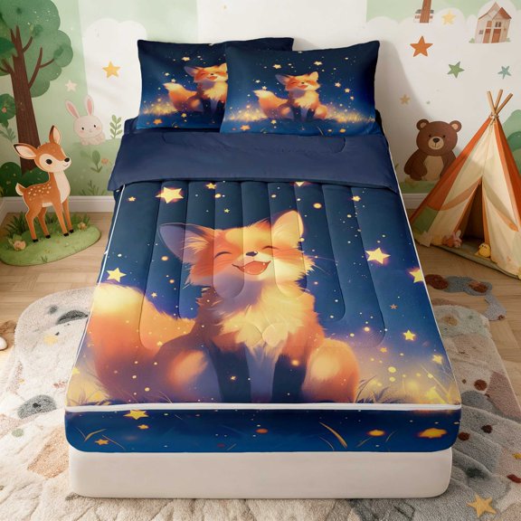 Erosebridal Fox Zipper Twin Comforter Sets with Fitted Sheet and 2 Pillowcases for Boys Girls, Starry Sky Zipper Bedding Set, Navy Reversible