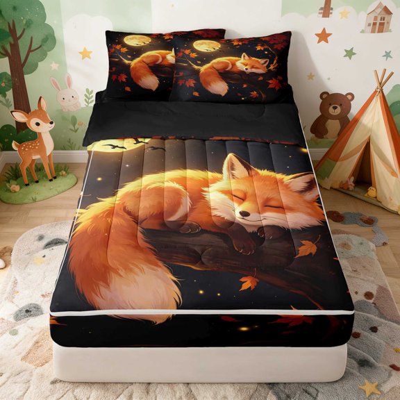 Erosebridal Fox Zipper Twin Comforter Sets with Fitted Sheet and 2 Pillowcases for Girls, Autumn Moon Zipper Bedding Set, Black Reversible