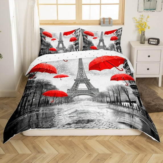 Erosebridal France Eiffel Tower Duvet Cover Toddler,Red Umbrella Bedding Sets Toddler Size,Paris Decor,Breathable,2Pcs(No Comforter)
