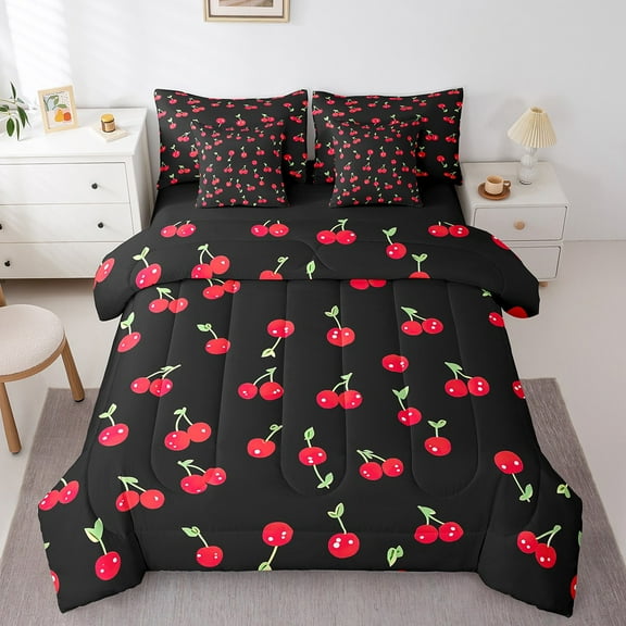 Erosebridal Fresh Cherry Bedding Sets Queen Size, Cartoon Fruit Comforter Sets with Sheets, Black Red Reversible Bed Set, Lightweight Bedroom Decoration, 7pcs