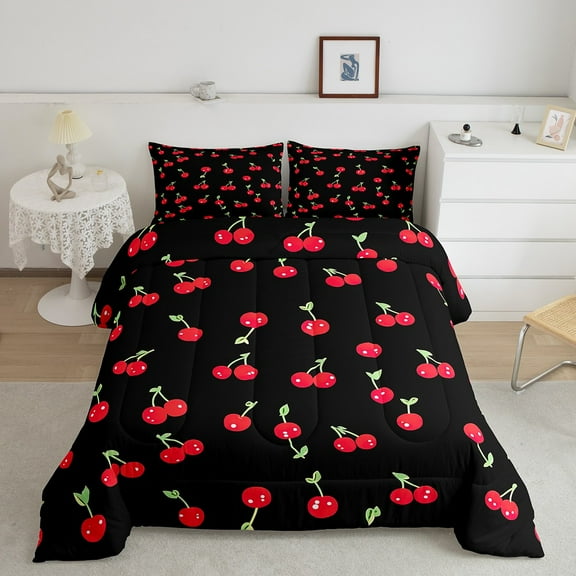 Erosebridal Fresh Cherry Bedding Sets Twin with Comforter, Cartoon Fruit Duvet Insert, Black Red Reversible Comforter Sets Twin Size, Lightweight Bedroom Decoration, 2pcs