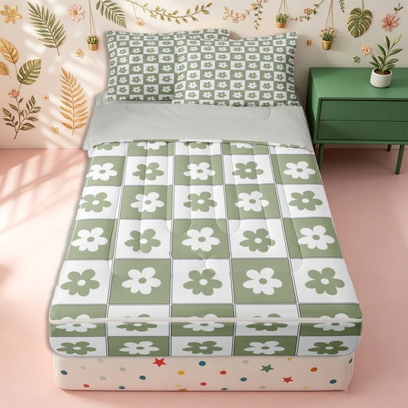 Erosebridal Fresh Daisy Floral Pattern Zipper Full Size Comforter Sets with Fitted Sheet and 2 Pillowcases,Grid Check Print Zipper Bedding Set,Sage Green White,Grey Reversible