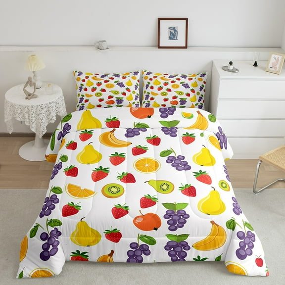 Erosebridal Fresh Fruit Bedding Queen Comforter Set, Grapes Strawberry Down Comforter, Cartoon Print Decor, Reversible 3pcs