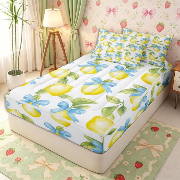 Erosebridal Fresh Lemon Bow Print Zipper Twin Comforter Sets with Fitted Sheet and 2 Pillowcases,Light Blue Ribbon Green Leaf Accent Zipper Bedding Set,Yellow White,4-Piece,Navy Blue Reversible
