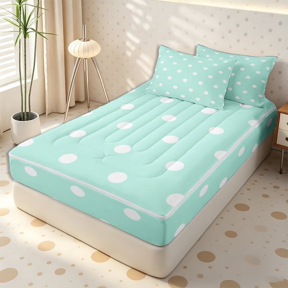 Erosebridal Fresh Mint Dot Tile Zipper Full Size Comforter Sets with Fitted Sheet and 2 Pillowcases,Small Scattered Circle Pillowcase Zipper Bedding Set,Turquoise White,4pcs,Reversible
