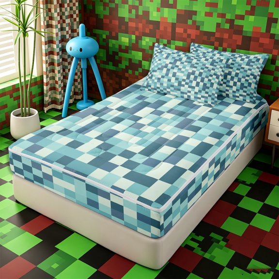 Erosebridal Fresh Teal Gradient Checkerboard Zipper Twin Comforter Sets with Fitted Sheet and 2 Pillowcases,Simple Mini Graphic Zipper Bedding Set,Turquoise Mint,4-Piece,Reversible