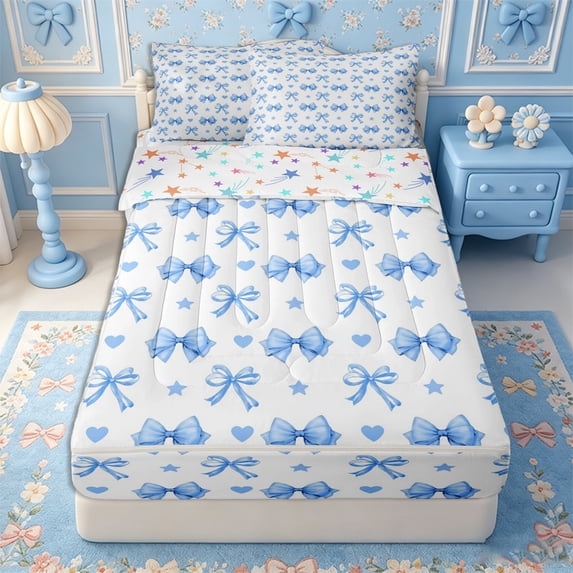 Erosebridal Fresh Watercolor Bow Zipper Queen Comforter Set with Fitted Sheet and 2 Pillowcases,Crisp Heart Star Zipper Bedding Set,Blue White,4 Pieces,Reversible