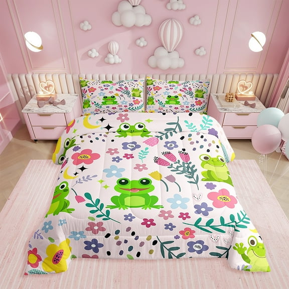 Erosebridal Frog Comforter Set ,Cartoon Reptile Animal Bedding Twin Size,Kawaii Frog Comforter,Botanical Floral Leaves Tulip Garden Bed Sets with 1 Pillowcase,Reversible