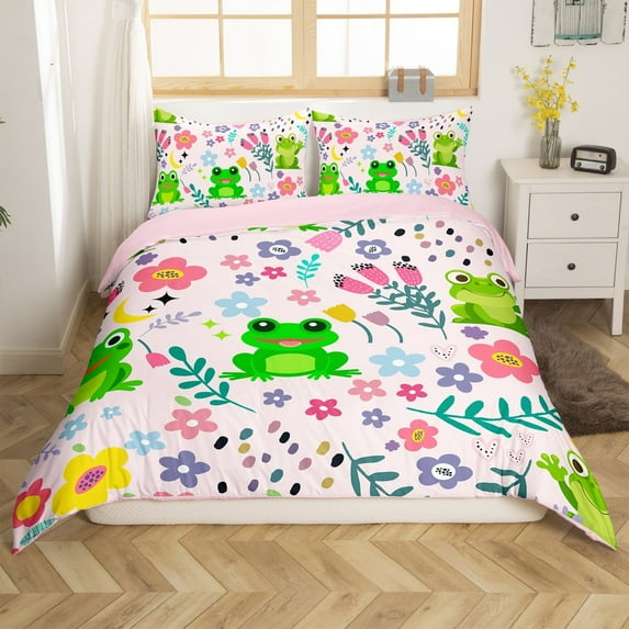 Erosebridal Frog Duvet Cover,Cartoon Reptile Animal Bedding Set Twin Size,Kawaii Frog Comforter Cover,Botanical Floral Leaves Tulip Garden Bed Sets with 1 Pillowcase,Reversible