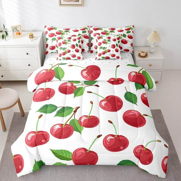 Erosebridal Fruit Cherry Bedding Sets Twin Size, Red Comforter Sets with Sheets, Cartoon Theme Decor, 7pcs
