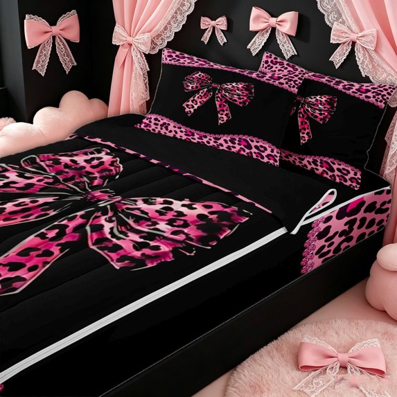 Erosebridal Fuchsia Leopard Bow Zipper Twin Comforter Sets with Fitted Sheet and 2 Pillowcases for Teens, Rose Pink Fashion Ribbon Zipper Bedding Set, Black Reversible, 4pcs