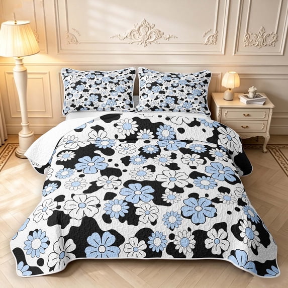 Erosebridal Funky Cow Spots Bed Spread Queen,Blue Daisy Flowers Queen ...