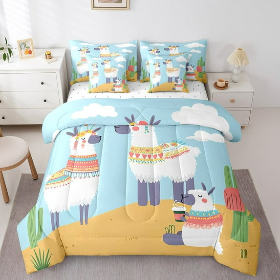 Erosebridal Funny Alpaca Bedding Sets King Size, Tropical Cartoon Llama Comforter Sets with Sheets, Animal Theme Home Decor, Reversible 7 Pieces