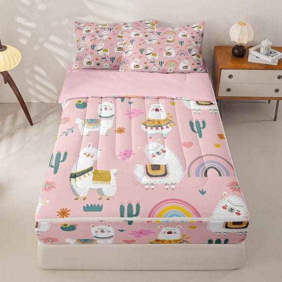 Erosebridal Funny Alpaca Zipper Queen Comforter Set with Fitted Sheet and 2 Pillowcases for Girls, Cartoon Flower Rainbow Zipper Bedding Set, Pink Reversible