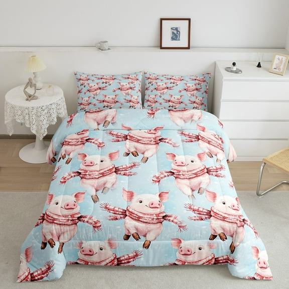 Erosebridal Funny Animal Bedding Sets Twin with Comforter, Kawaii Pig Duvet Insert, Blue Pink Reversible Comforters & Duvets, Lightweight Room Decor, 2 Pieces
