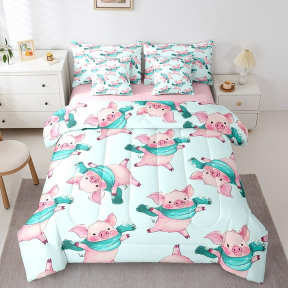 Erosebridal Funny Animal Bedding Sets Twin Size, Kawaii Pig Comforter Sets with Sheets, Blue Pink Reversible Bedding Twin Size, Ultra Soft Room Decorative, 7 Pieces