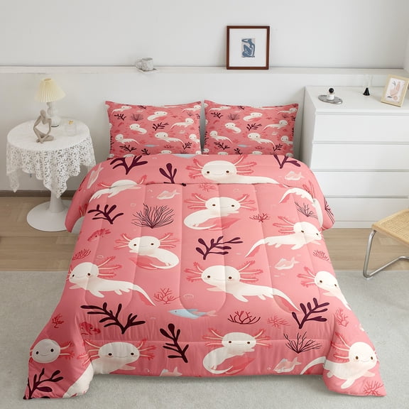 Erosebridal Funny Axolotl Bedding King Comforter Set, Coral Sealife Down Comforter, Ocean Fish Decor, Microfiber 3pcs